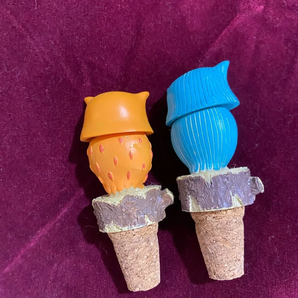 Colorful Owl Wine Bottle Stoppers Set of 2 Orange Blue Decorative Figurines Cork